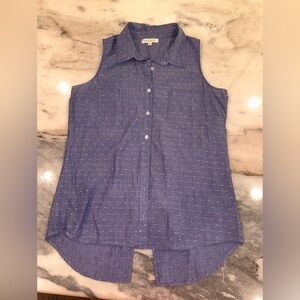 EUC Love Fire Blue & Embroidered Dot Sleeveless Button-Up Top‎ Back V Detail
